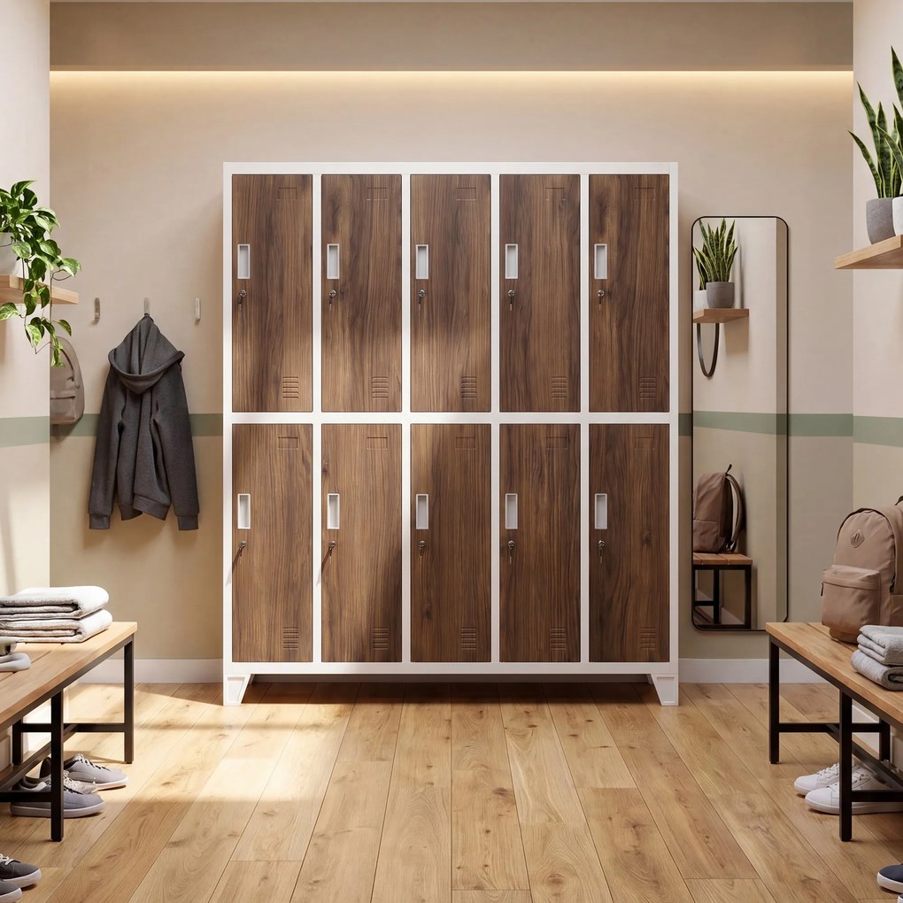 Szafa socjalna ubraniowa 10-drzwiowa biała/orzech, 1360x1720x450 mm: BARTEK Eco Design