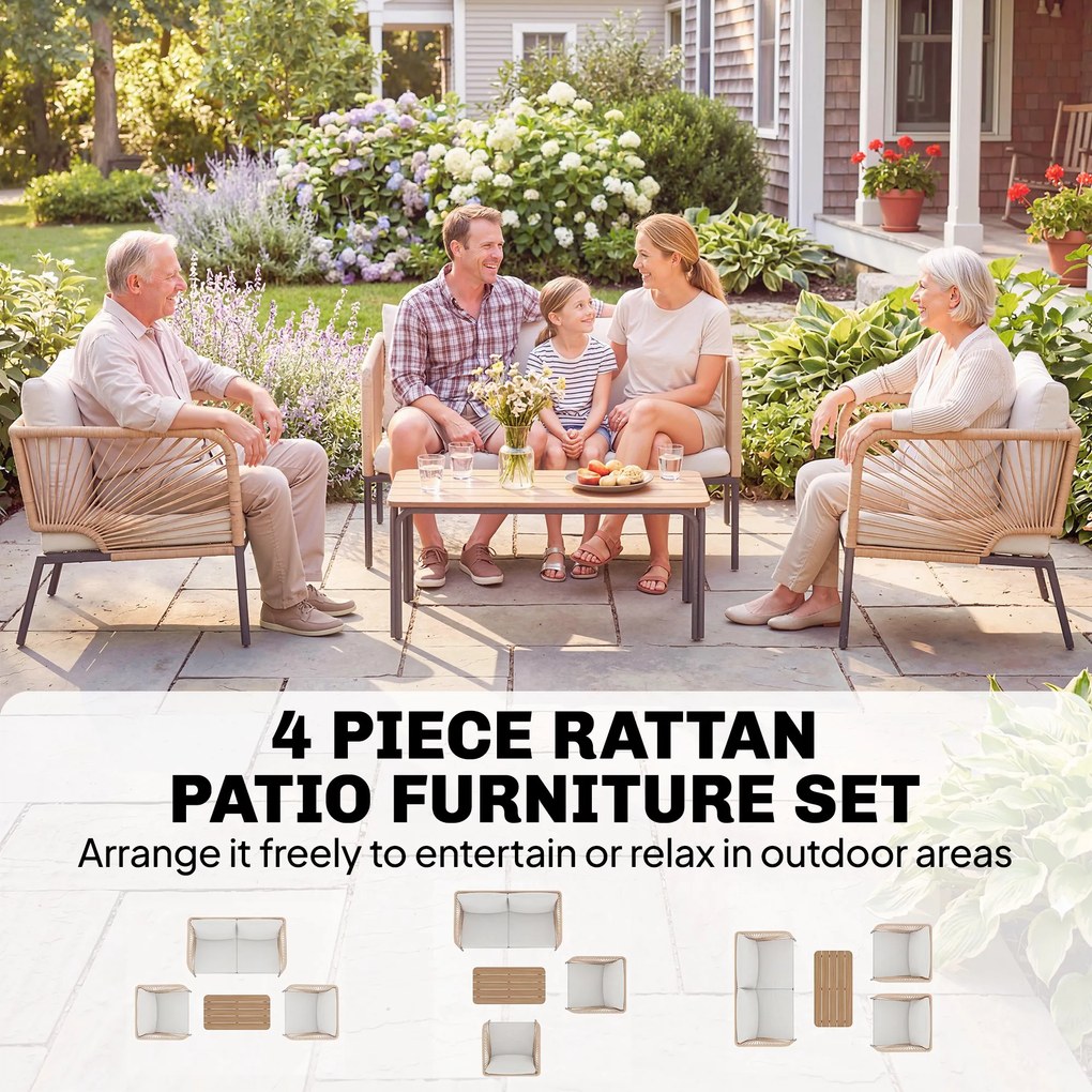 Outsunny Zestaw Mebli Ogrodowych dla 4 Osób z Sofą, 2 Fotelami, Stolik Kawowy z Lamellami, Zdejmowane Poduszki | Aosom PL