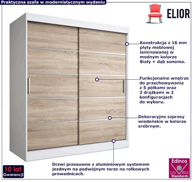 Szafa przesuwna biel + dąb sonoma 180 cm - Bohosa 5X