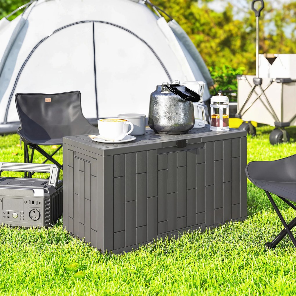 Outsunny Skrzynia Ogrodowa 227 l Wodoodporna Zamykana na Klucz UV Odporna z Teksturą Drewna do Ogrodu 106,5x43x54,5cm Szara | Aosom PL