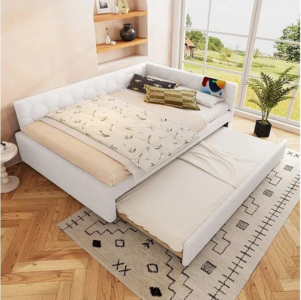 Pufa łóżkowa nest 140 x 200 cm z białego weluru - z lampką nocną i USB + typ C