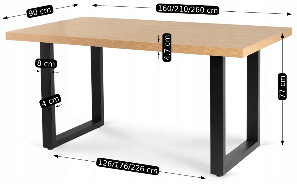 Stół Prostokątny Rozkładany EDWIN 160-260 cm Dąb Złoty/Czarny do Jadalni Nowoczesny Loft