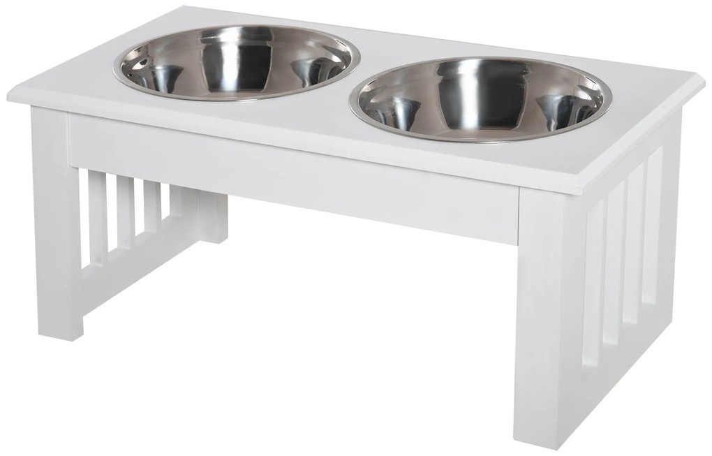 PawHut Podwyższony stojak na miski dla psów z podwójną miską dla psów i kotów - Stojak na miski o wymiarach 44D x 24S x 15W cm - 2 miski ze stali nierdzewnej o pojemności 0,9L w zestawie - biały