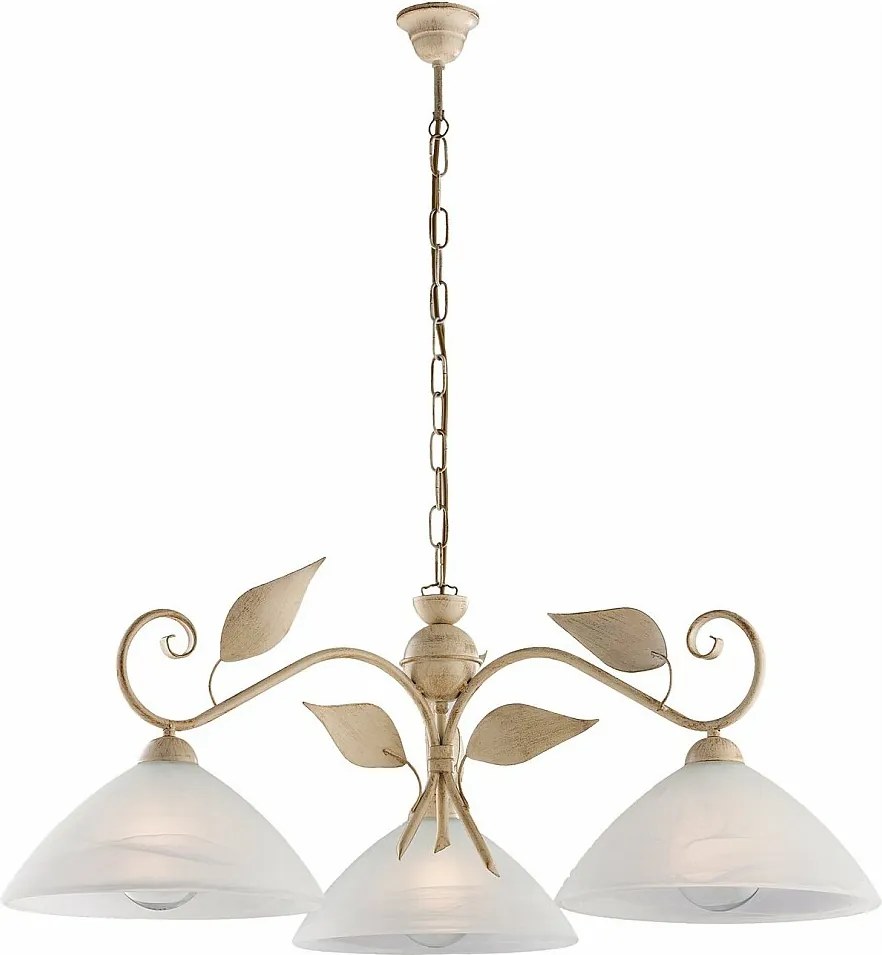 Żyrandol z żelaza w kolorze kości słoniowej, dekor stare złoto, klosze alabastrowe Ø30 cm, 3 światła, Ø79 cm