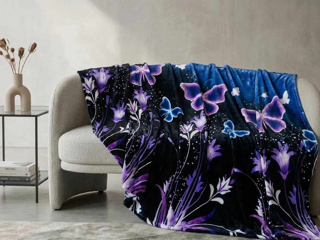 Koc z mikropluszu VIOLET BUTTERFLY ciemnoniebieski Rozmiar: 200 x 220 cm