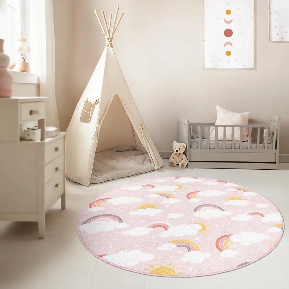 Różowy dywan dziecięcy odpowiedni do prania ø100 cm Rainbow World – Mila Home