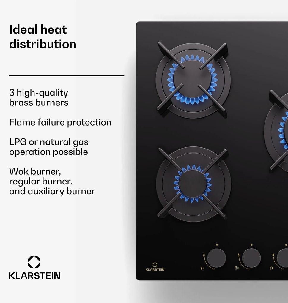 Klarstein Goldflame 45cm Płyta gazowa 3 palniki Czarny