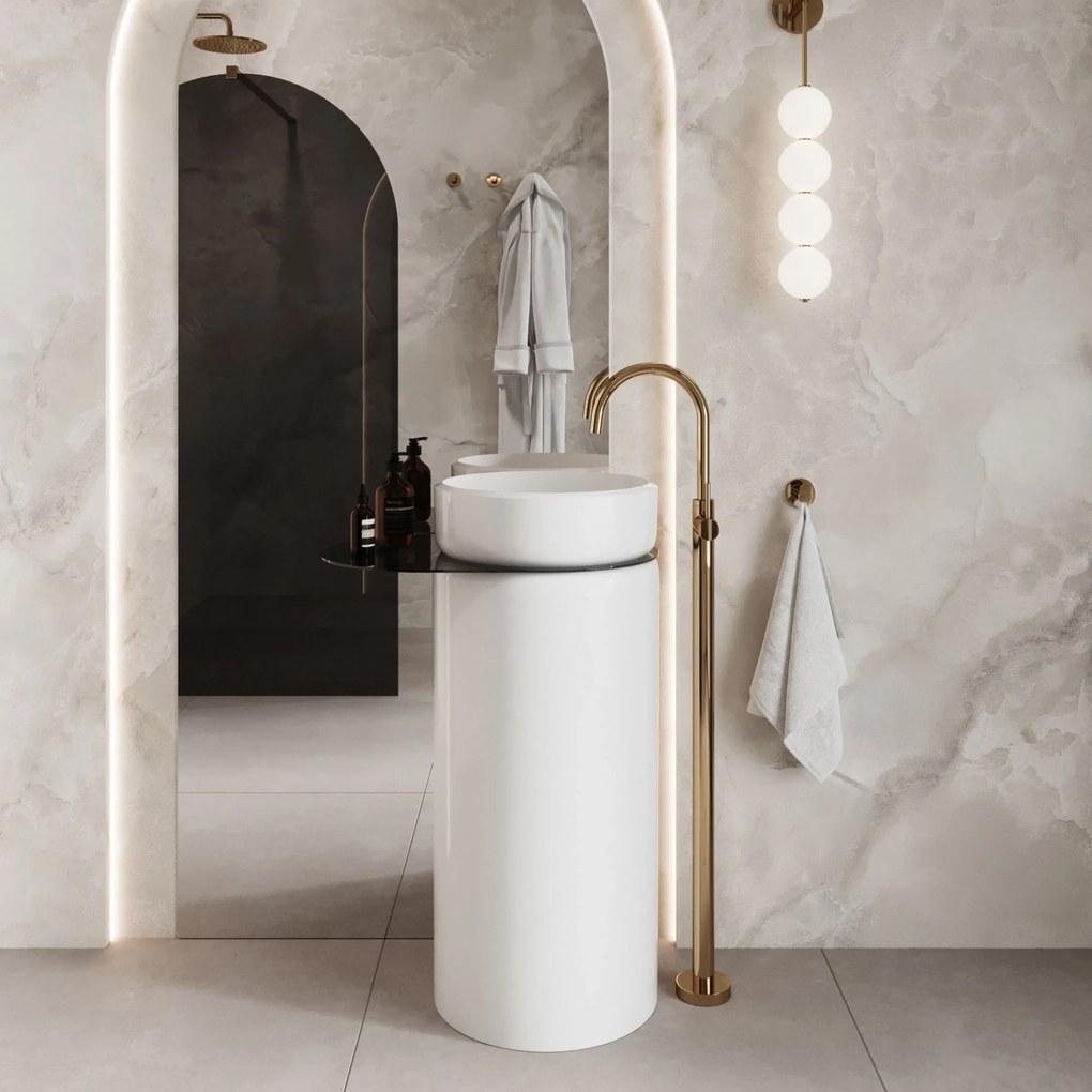 Umywalka z konglomeratu wolnostojąca okrągła z półką szklaną 85 x 40 cm RONA bez przelewu | Różne kolory półki : Kolor szkła - Czarny, Kolor umywalki RONA - Biały matowy, Podłączenie syfonu - Do ściany, Półka - Szklana