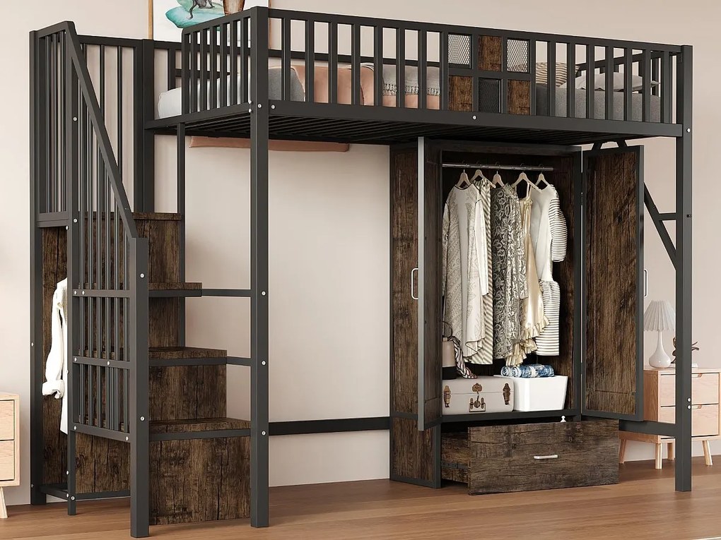 Łóżko na antresoli z metalu 90x200 cm - z szafą - 1 szuflada - z drabiną schowkową - czarny (materac nie jest dołączony)