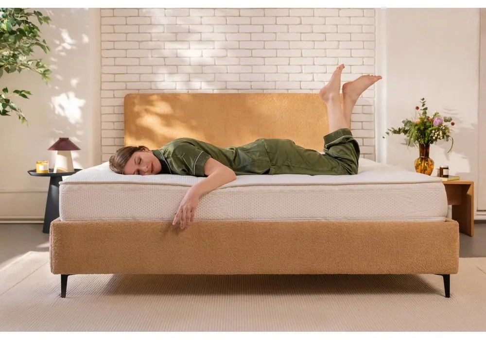 Musztardowe tapicerowane łóżko dwuosobowe ze stelażem 160x200 cm Noira Slim – Bonami Selection