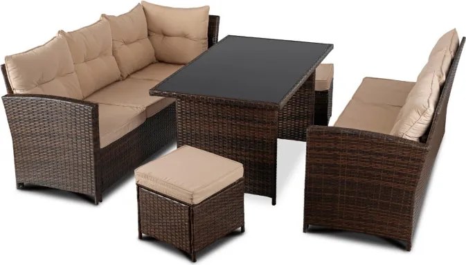 Zestaw Mebli Ogrodowych DALLAS Brązowy/Beżowy Narożnik Pufy Stolik Tarasowy Technorattan Nowoczesny