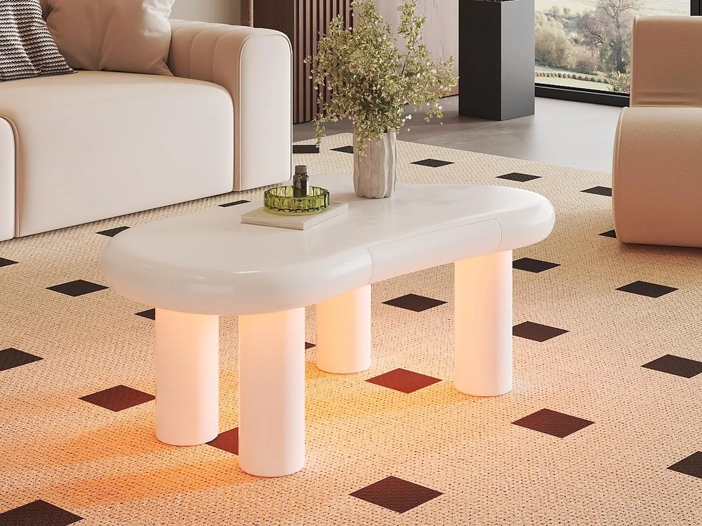 Stolik kawowy 98x65,5x40 cm - kształt chmury - 1 szuflada - z oświetleniem LED - biały