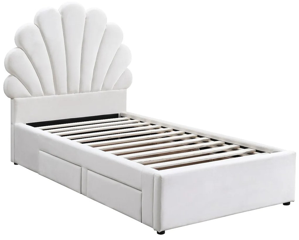 Łóżko muszla  90 x 190 cm z 2 szufladami - Welur - Biały - MOANA