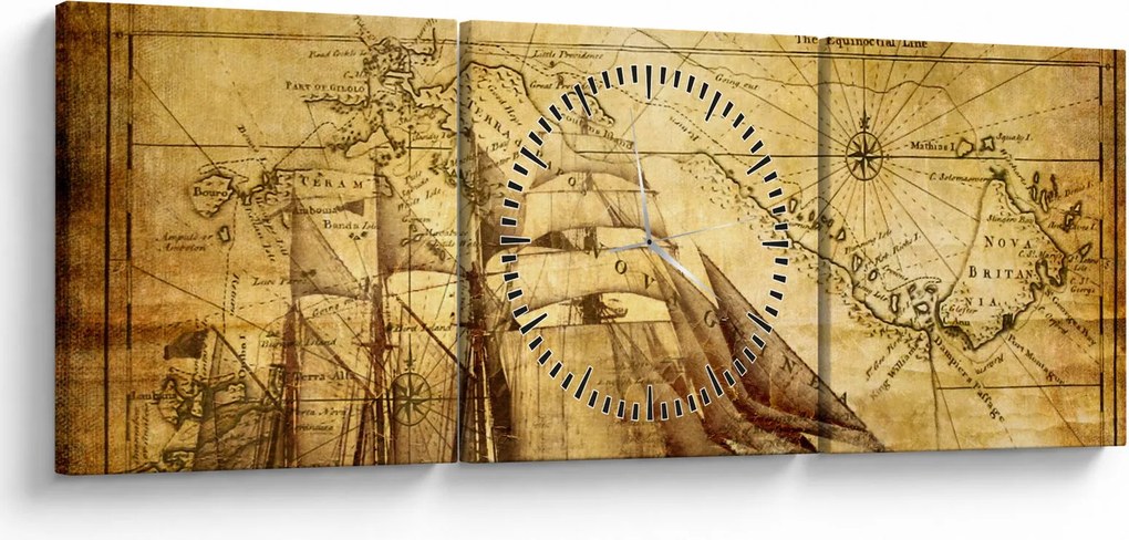 Obraz - Stara mapa (z zegarem) (90x30 cm)