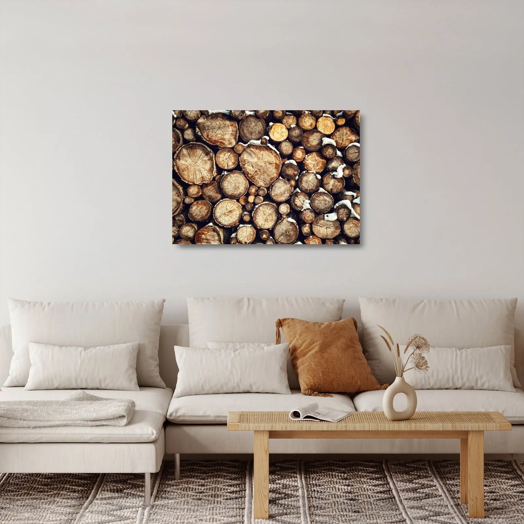 Obraz na szkle - Drewno w śniegu (70x50 cm)