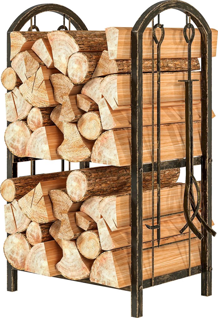Outsunny Stojak na drewno 43×30×74 cm, 2 poziomy, z 4 narzędziami i hakami