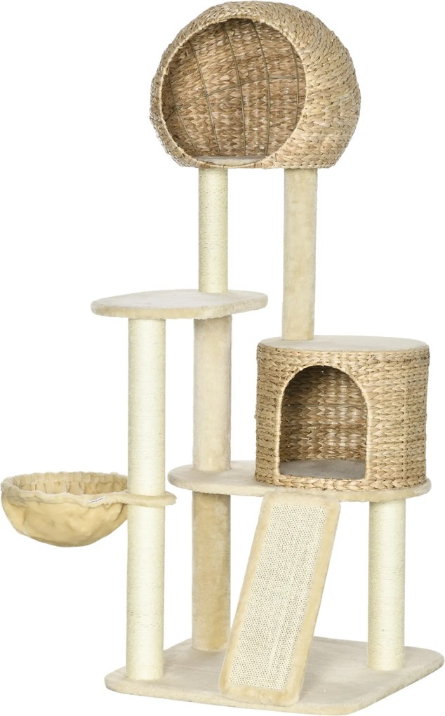 PawHut Drapacz dla Kota z Domkiem Platformy Hamak Mata do Drapania Zabezpieczenie Przeciwpadaniowe Beżowy 60x60x150cm | Aosom PL