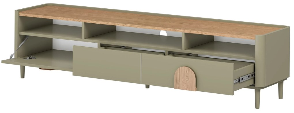 Szafka RTV Amilio 200 cm z szufladami na nóżkach - eukaliptus / dąb baltic dune / uchwyty dąb naturalny
