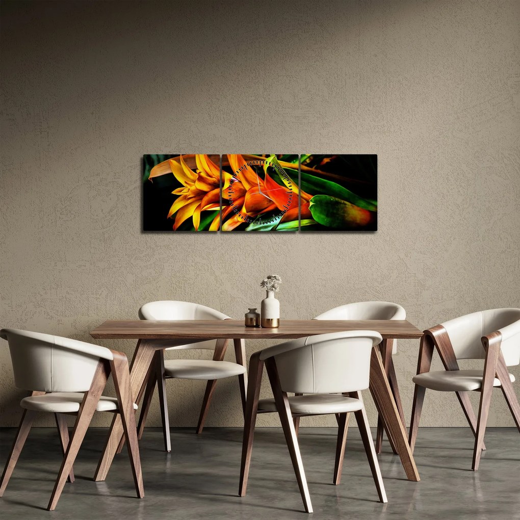 Obraz pomarańczowego kwiatu (z zegarem) (90x30 cm)