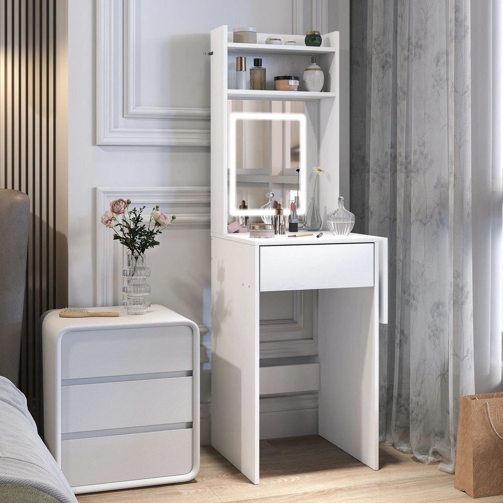 HOMCOM Kompaktowa toaletka z lustrem i oświetleniem LED, składany blat, otwarte półki, szuflada, MDF, Biała