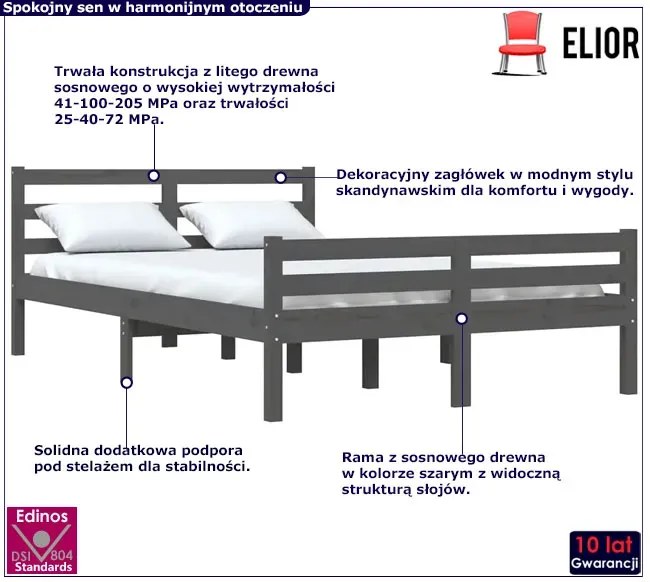 Dwuosobowe szare łóżko z drewna 160x200 Titus