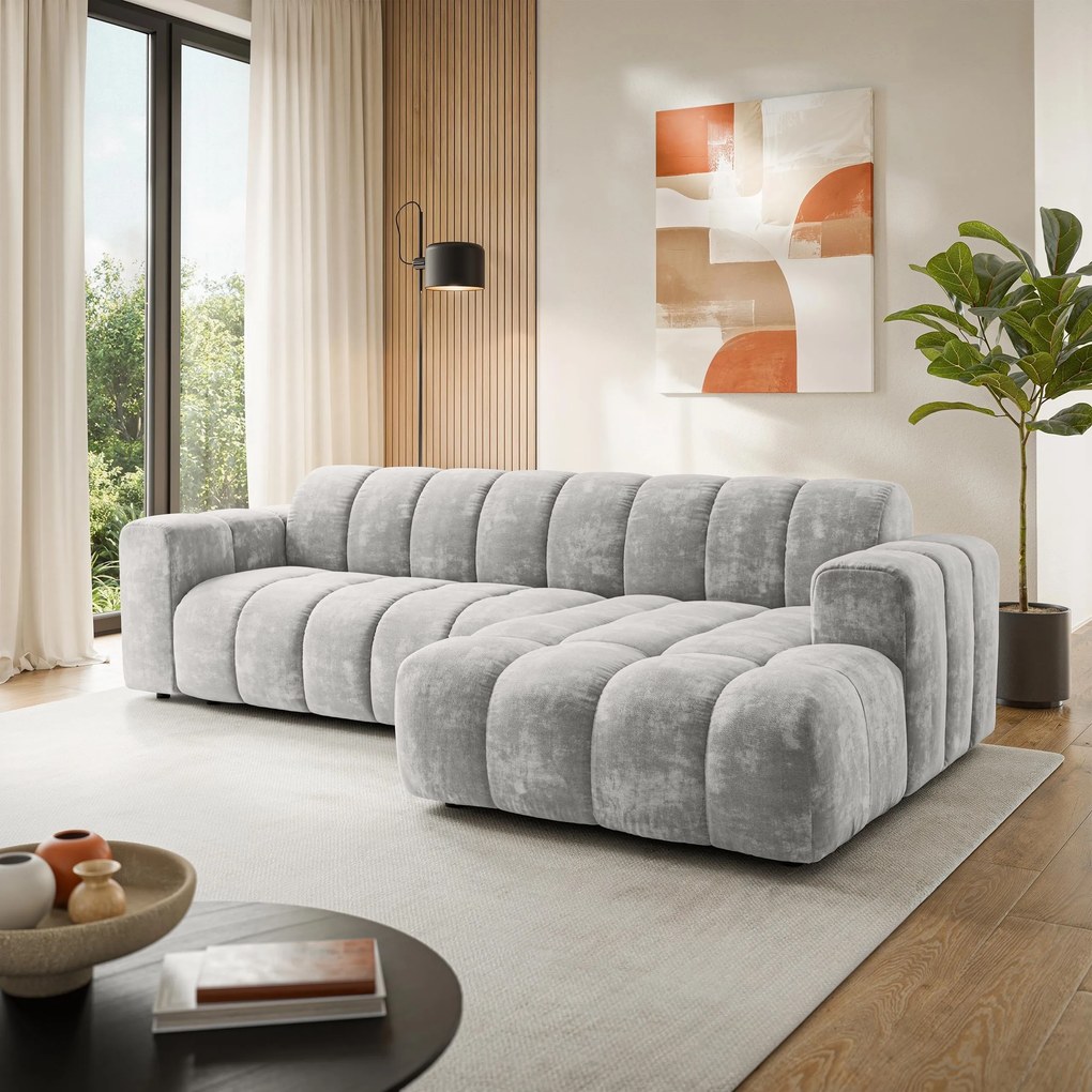 Masseno Narożnik SETIA Prawostronny, L-Kształtny, Nowoczesna Sofa narożna, Tkanina Szenilowa - Jasnoszary, LUMO 65