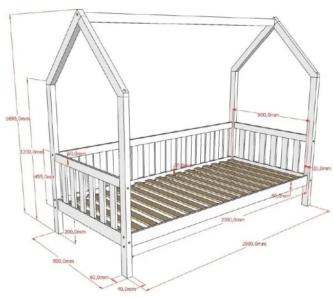 Łóżko dziecięce z litego drewna sosnowego w kształcie domku ze stelażem 90x200 cm w naturalnym kolorze Cabane – Vipack