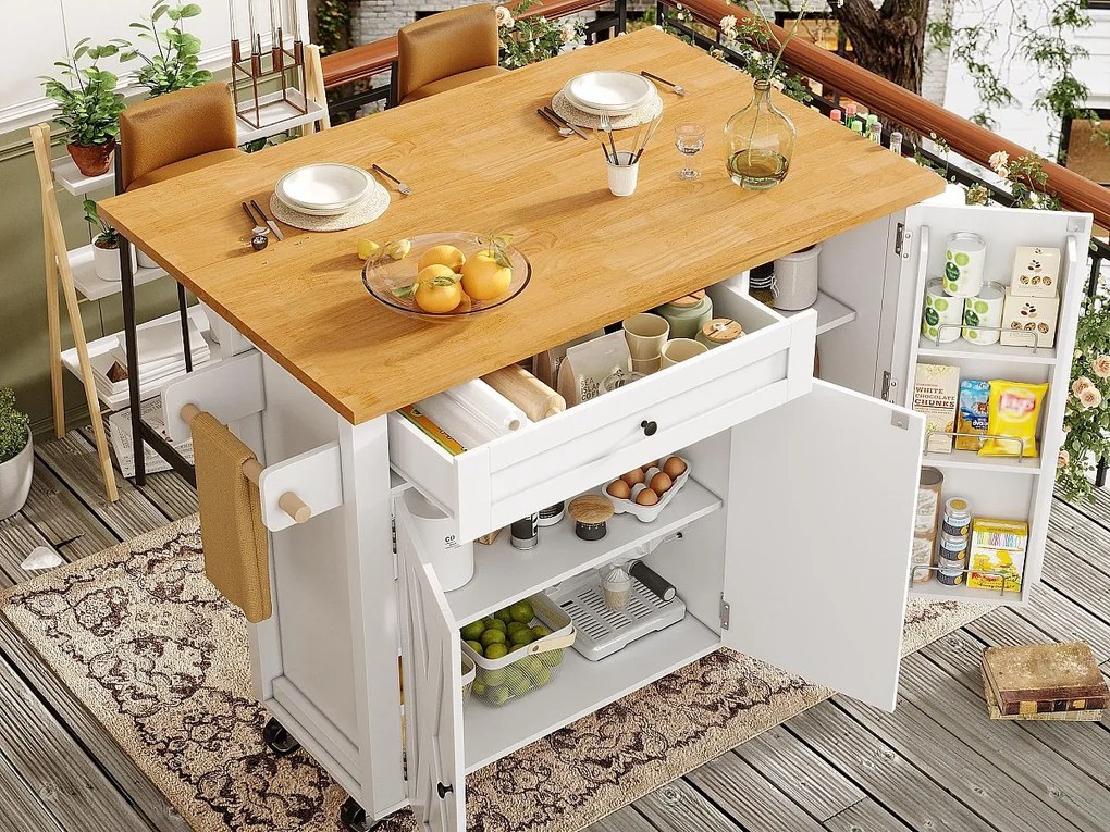 Mobilna wyspa kuchenna - Rozkładany blat - 121x70x90 cm - 1 szuflada i 3 drzwi - z wieszakiem na ręczniki - MDF - Biały