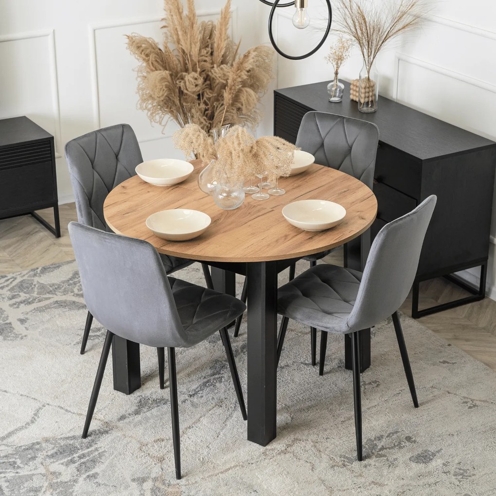 Zestaw Stół Okrągły Rozkładany HARRY 102-142 cm Dąb Craft/Czarny i 4 Krzesła Tapicerowane ROBIN Szare Nowoczesne