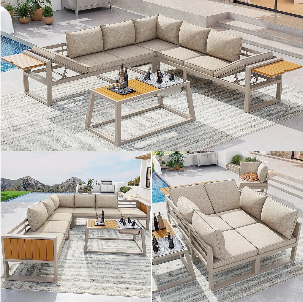 Zestaw mebli ogrodowych - z poduszkami + stolik + sofa z regulowanym oparciem i składanymi podłokietnikami - metalowy - beżowy