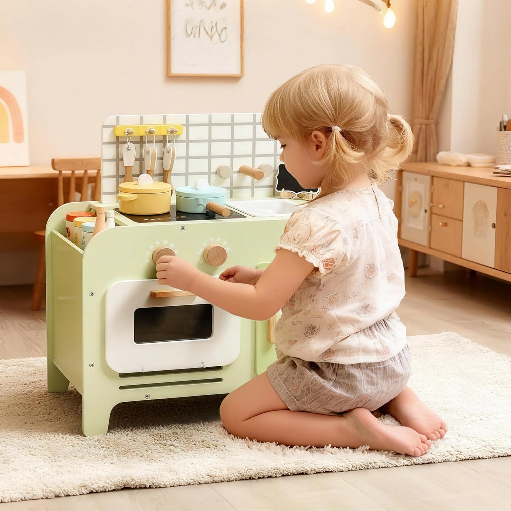 AIYAPLAY zestaw kuchni dla dzieci, MDF, 15 akcesoriów, szafki, 40 cm, od 3 lat, zielony