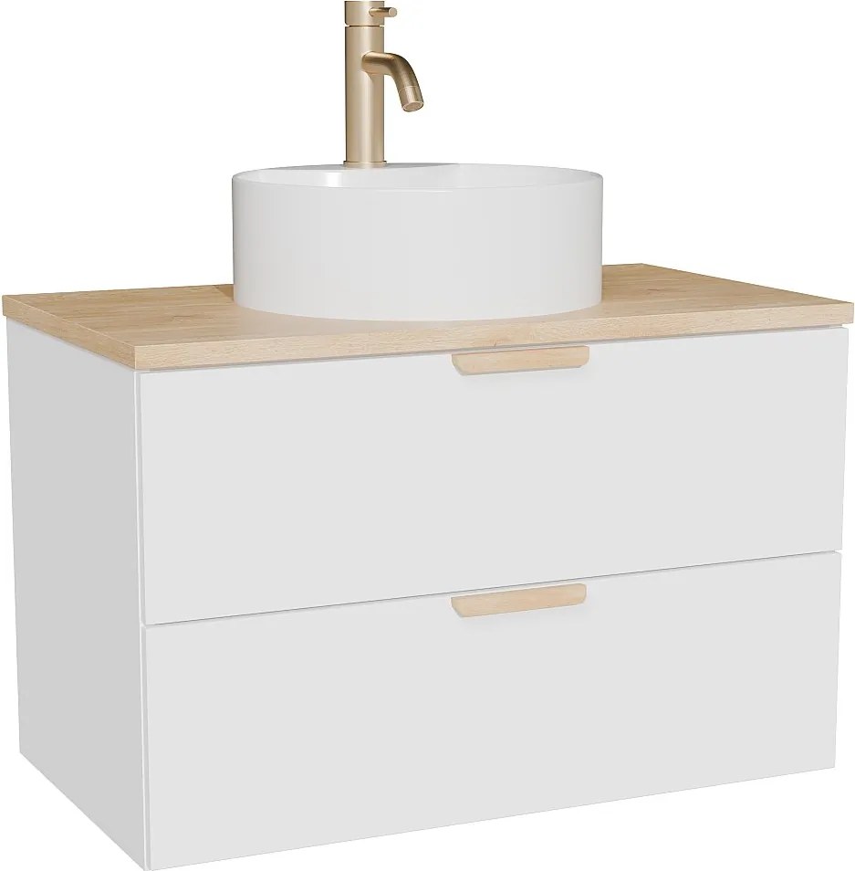Wisząca szafka łazienkowa z okrągłą umywalką nablatową i baterią – Biała – S80 cm – AVORELI