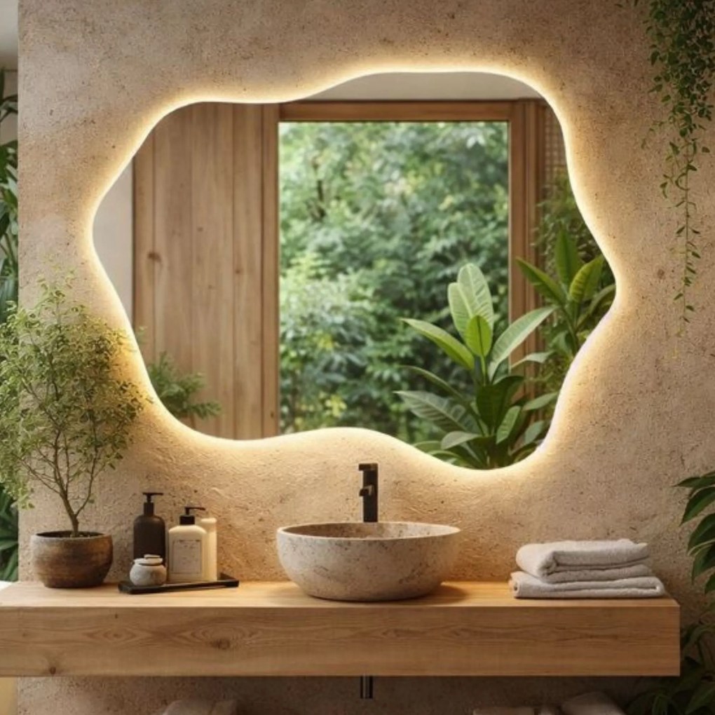 Lustro dekoracyjne o nieregularnym kształcie z podświetleniem LED FLOW NATURE | Różne rozmiary | Różne kolory : Kolor tafli szkła - Srebrny, Rozmiar - 114x89 cm