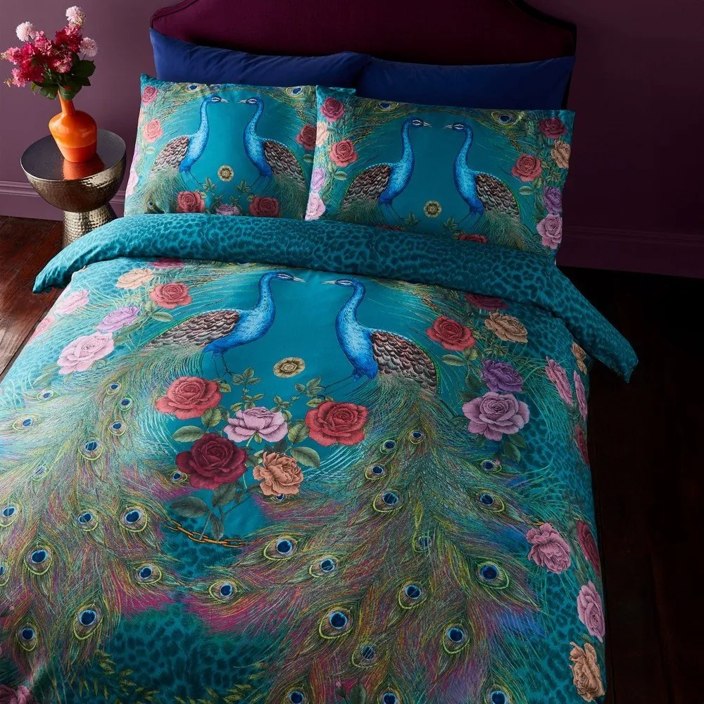Zielononiebieska pościel jednoosobowa z satyny bawełnianej 135x200 cm Xanadu Peacock – Matthew Williamson