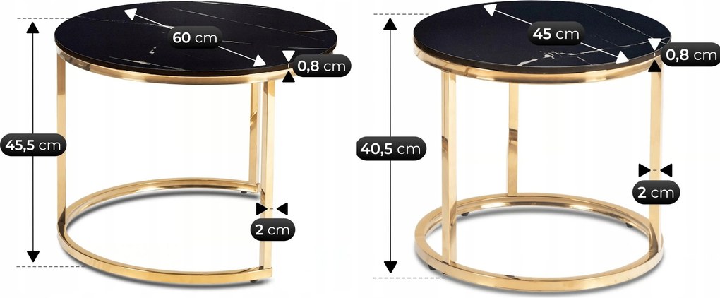 Zestaw ceramicznych stolików Milano 60 cm i 45 cm, czarny marmur/złoty