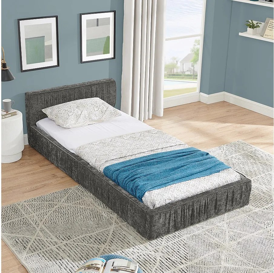 Łóżko dziecięce 90x200 cm z tapicerowanym zagłówkiem, szenila ciemnoszara - bez materaca