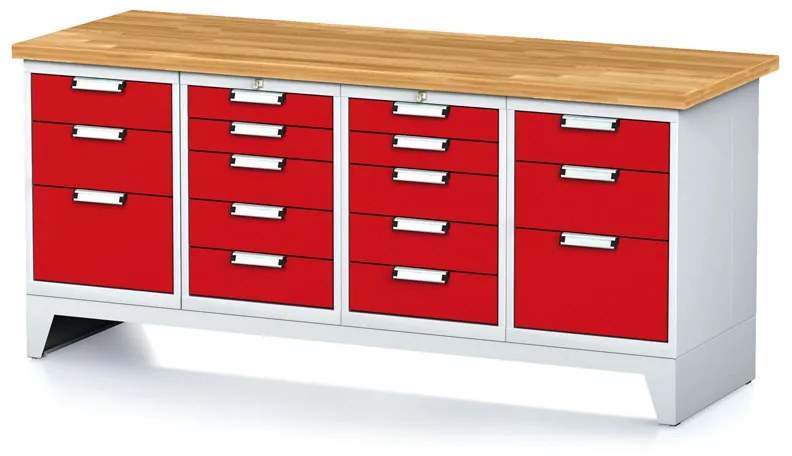 Stół warsztatowy MECHANIC, 2000x685x880 mm, 2x 5 szufladowy kontener, 2x 3 szufladowy kontener, szary/czerwony
