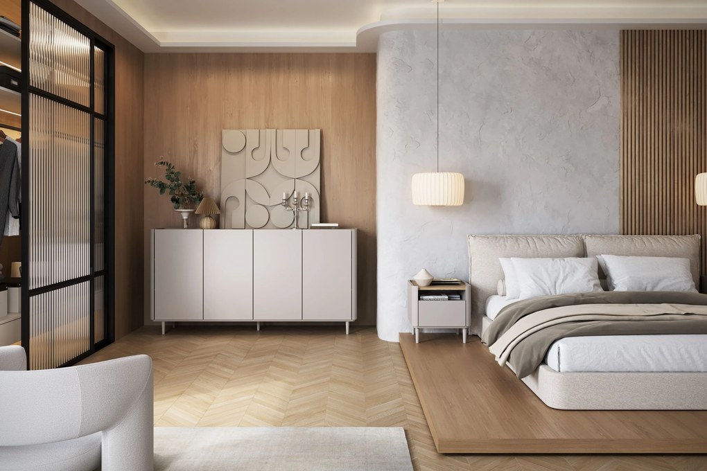 Komoda Elivo 200 cm czterodrzwiowa na nóżkach - kaszmir / dąb olejowany