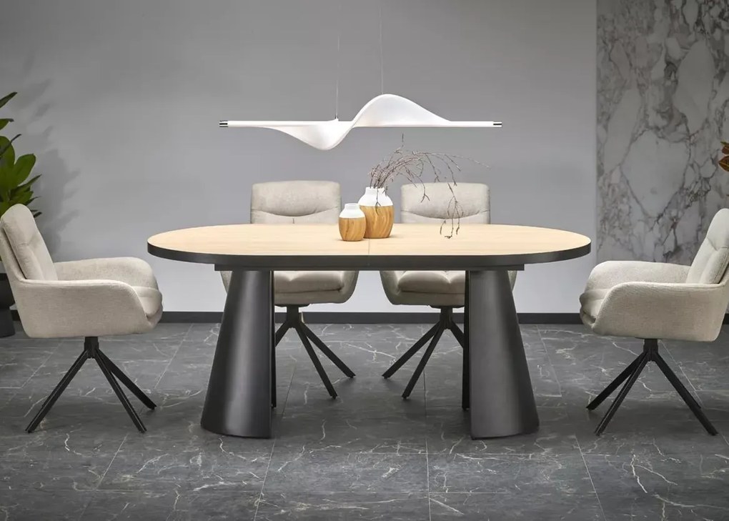 Nowoczesny rozkładany stół owalny Heksagon 180-230/100 cm z blatem MDF w kolorze dębu na czarnych metalowych nogach