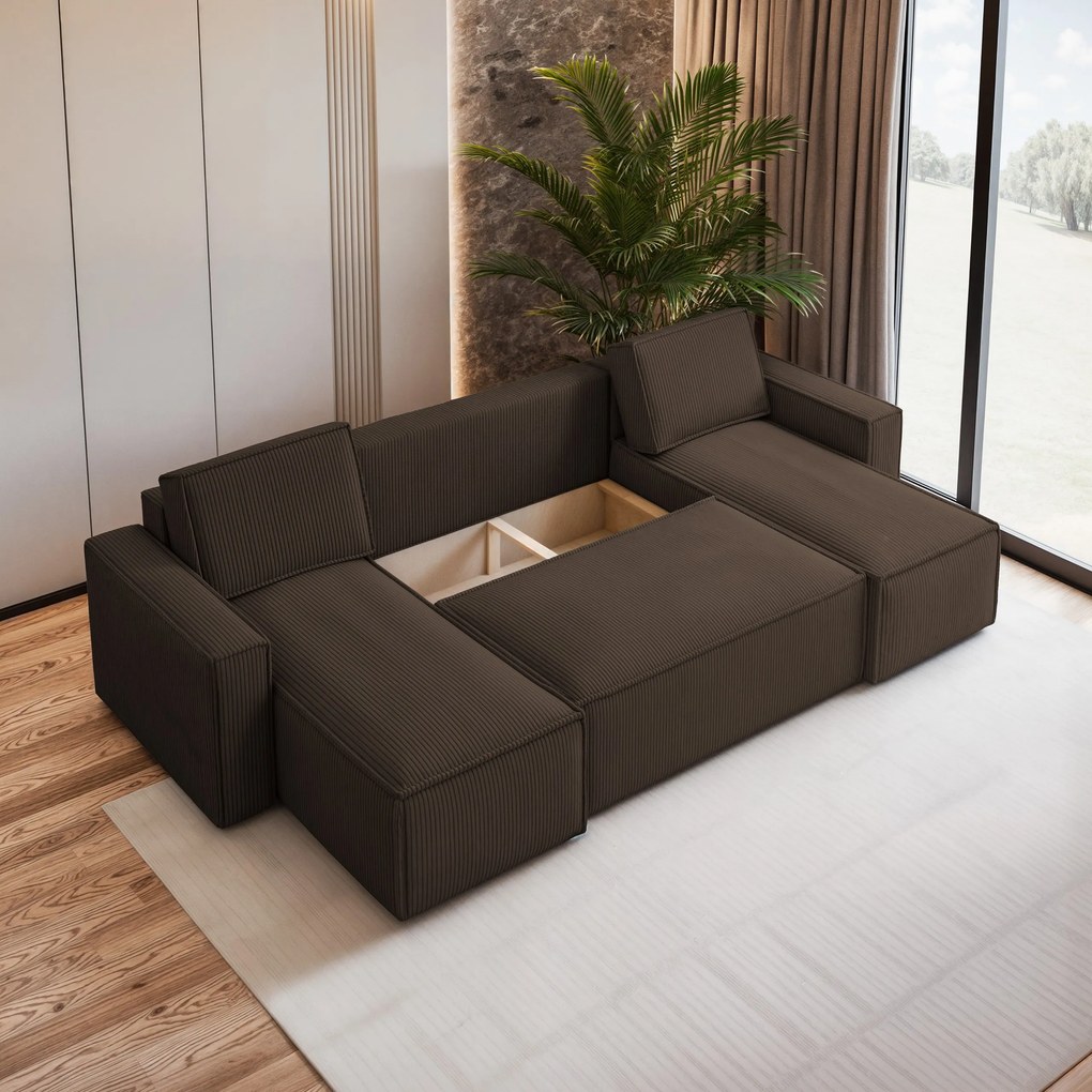Masseno Narożnik PESANO z funkcją spania i pojemnikiem na pościel Narozniki U, Rozkładana sofa - Brązowy, POSO 06
