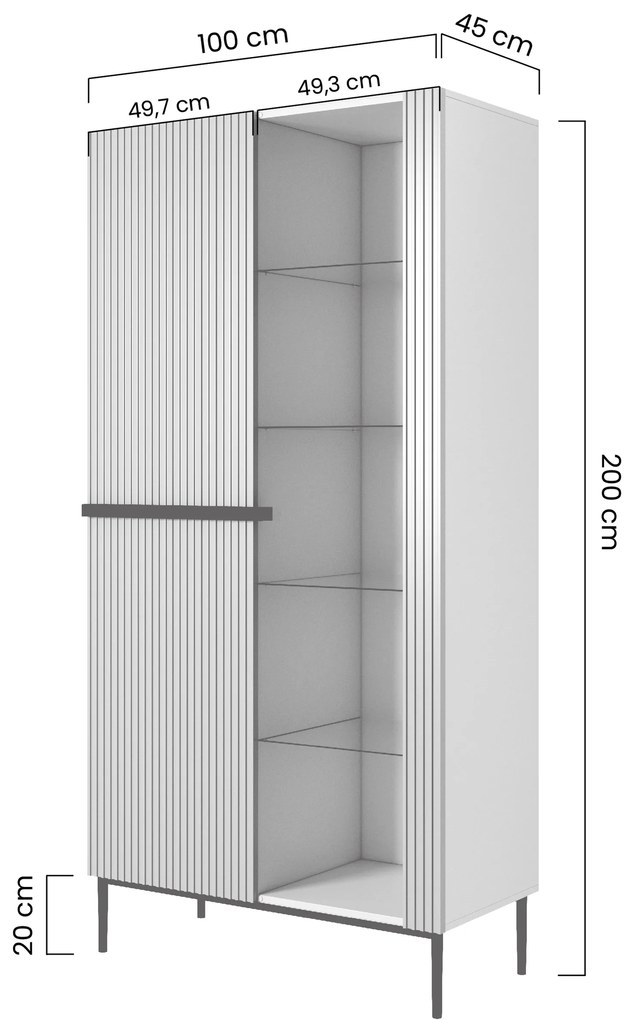 Witryna Nicole 100 cm z ryflowanym frontem - kaszmir / złote nóżki