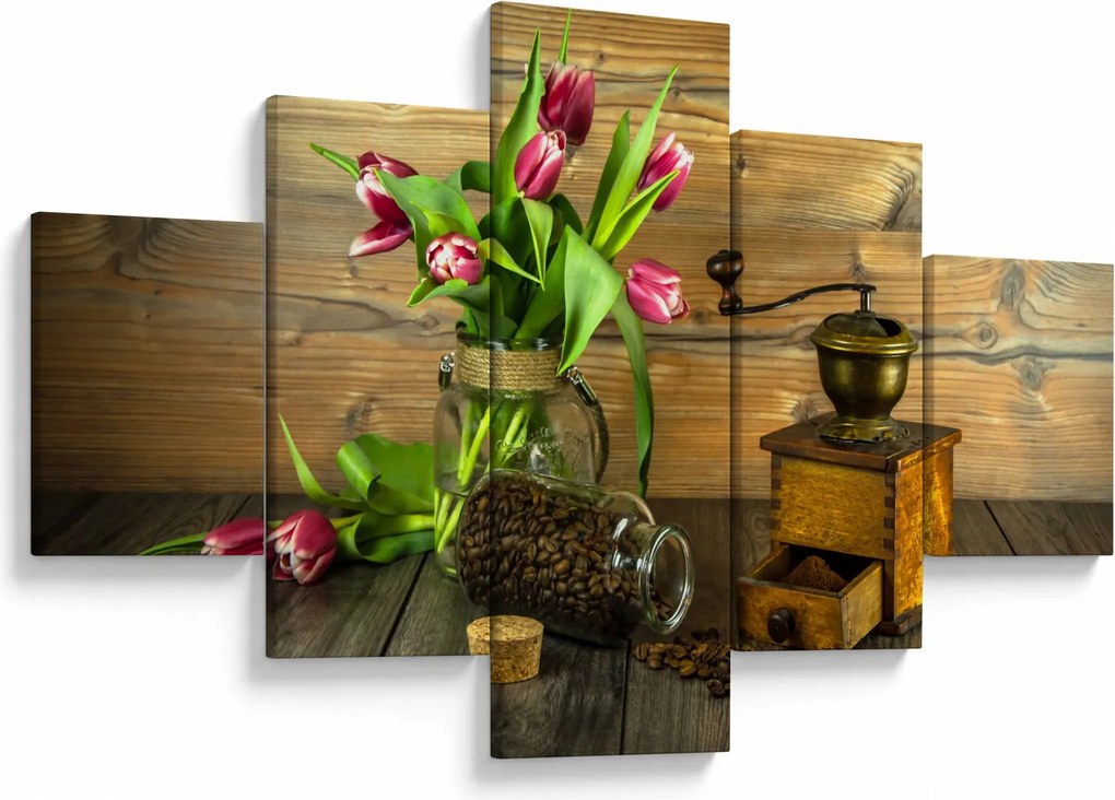 Obraz - tulipany, młynek i kawa (125x70 cm)