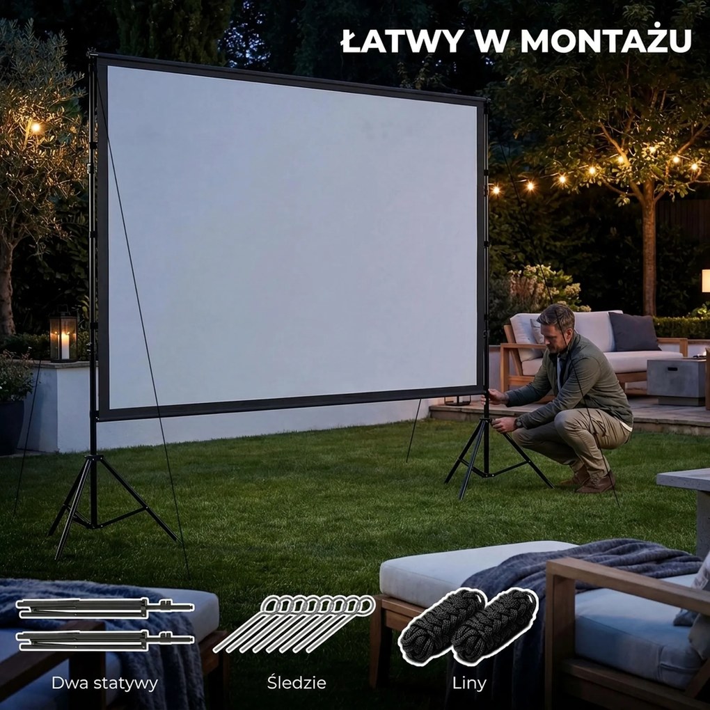 HOMCOM 254 cm 16:9 HD 4K/8K ekran projektora ze statywem, przenośny dwustronny ekran ze składanymi statywami, biały | Aosom PL