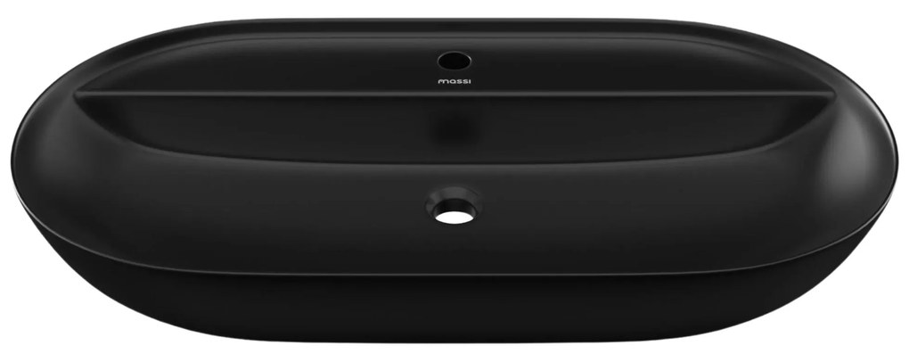 Umywalka ceramiczna nablatowa owalna czarna z otworem i z półką na mydło 80 x 40 cm DECOS Black z rantem Slim