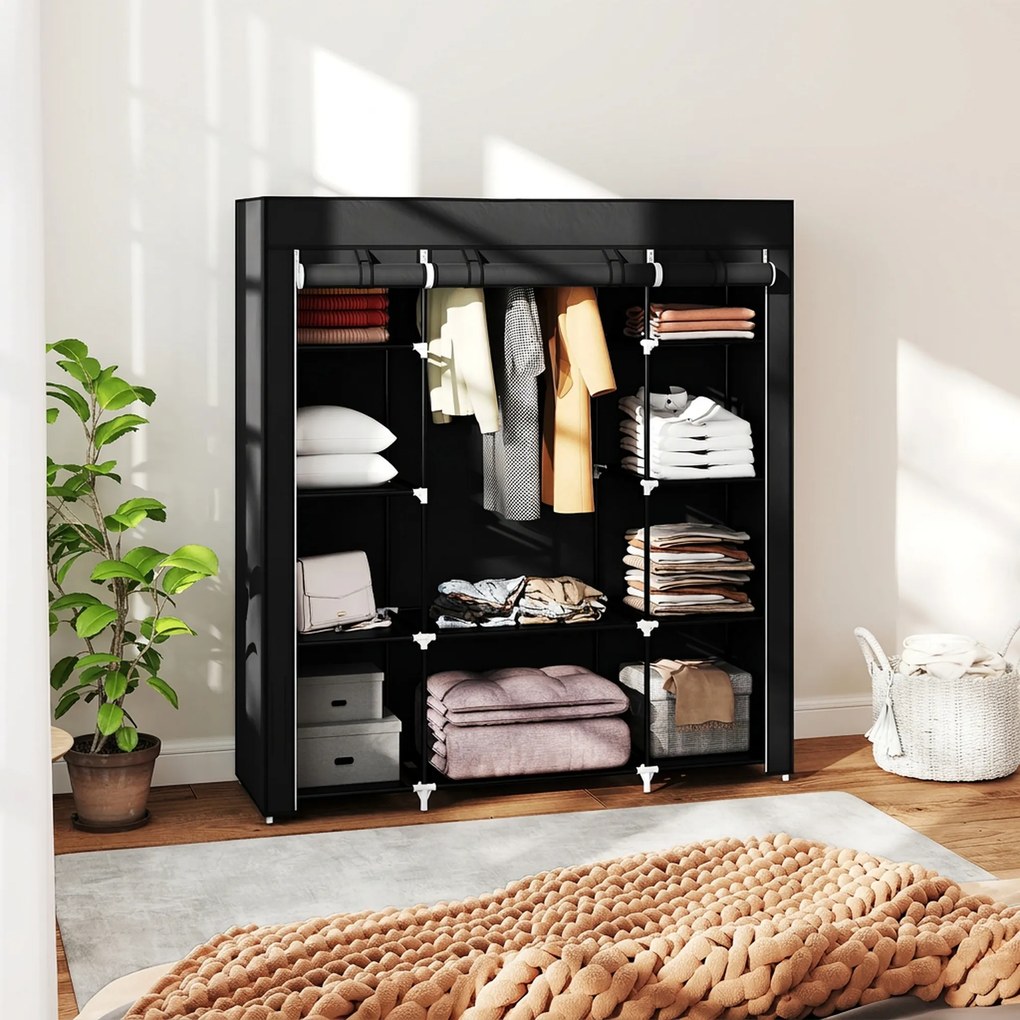 HOMCOM Szafa z włókniny Czarna Składana z 9 półkami i wieszakiem na ubrania 150x43x1625cm | Aosom PL