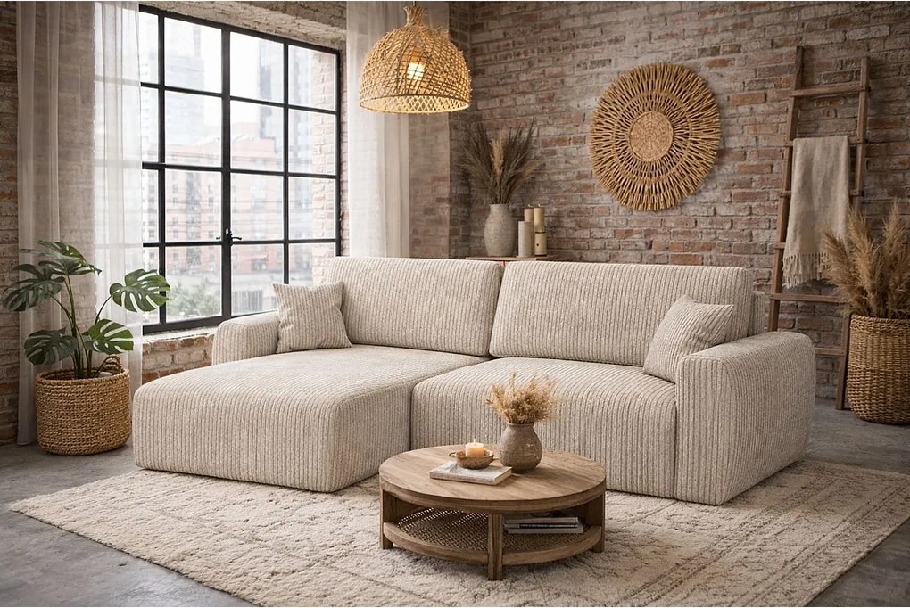 Narożnik z funkcją spania i pojemnikiem Ariel XL, tkanina sztruksowa Poso, Ciemnobeżowy, Lewy