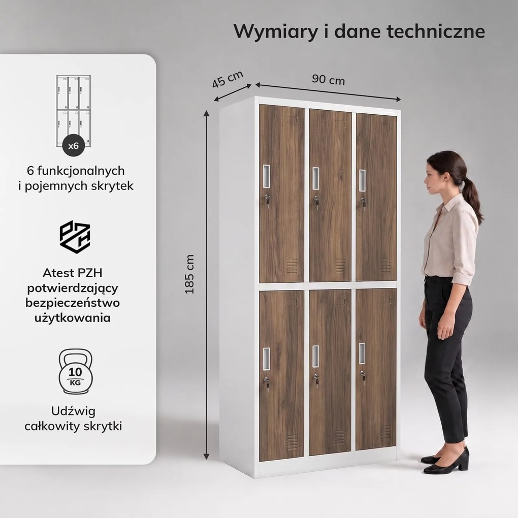 Szafa socjalna 6-drzwiowa Eco Design Igor, 90x45x185 cm, biały/orzech
