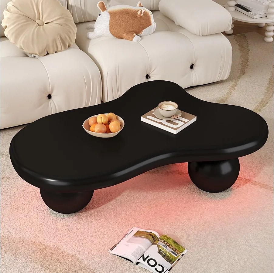 Czarny stolik kawowy - Stolik kawowy z oświetleniem LED i czarnymi okrągłymi nogami - wzór w kształcie chmurki - do salonu i pokoju dziecięcego