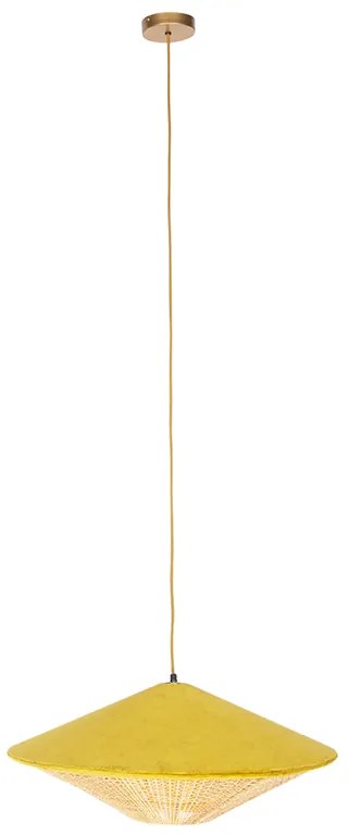 Rustykalna lampa wisząca żółty welur z rattanu 60 cm - Frills CanWiejski/ Rustykalny / Vintage Oswietlenie wewnetrzne