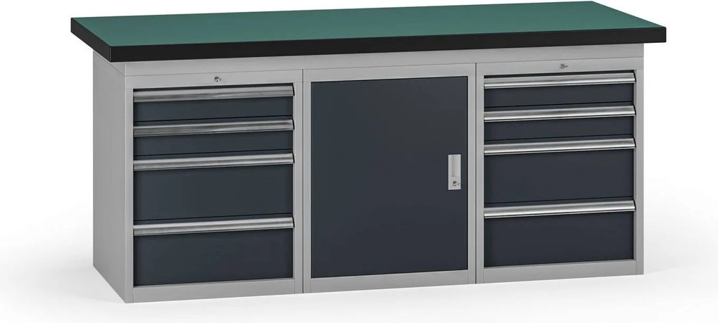 Stół warsztatowy, 1800 x 750 x 800 mm, 1x szafka, 2x kontener, 8x szuflada, grafitowy